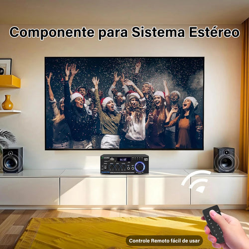 Amplificador para Áudio Doméstico com Bluetooth 5.3, Amplificador de Potência de 2.0 Canais com USB, SD, RCA, FM, 2 Microfones